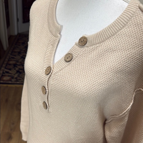 Merokeety Womens Beige Knit Sweater Dress Henley Button Belted Midi Small - Picture 5 of 10